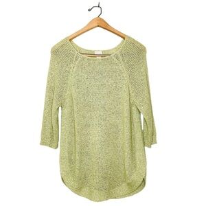 Chico's Marianne Pullover Open Knit Tunic Sweater 3/4 Sleeves Chartreuse Green M